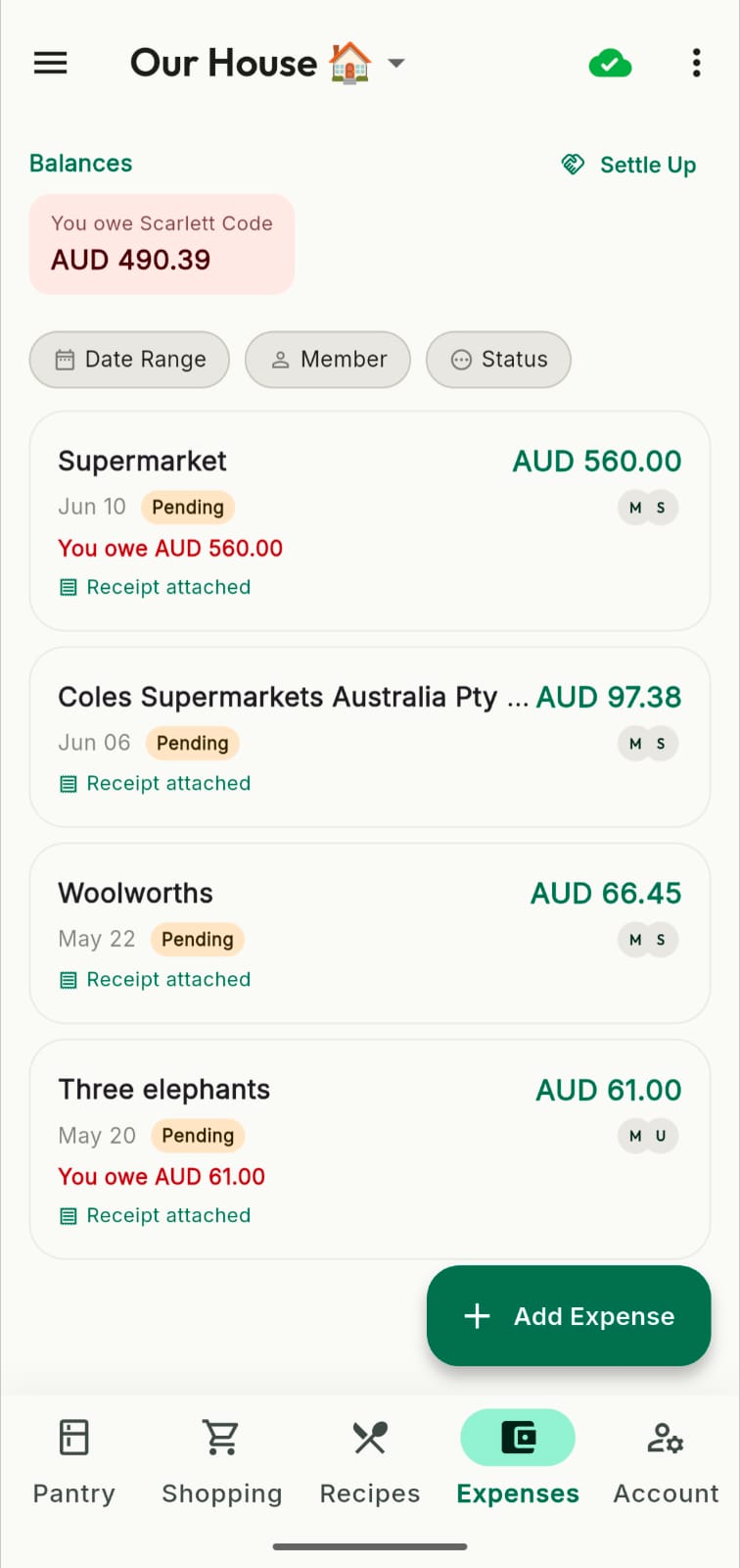 Pantry Watcher App - Expense list with balance tracking and settle up feature