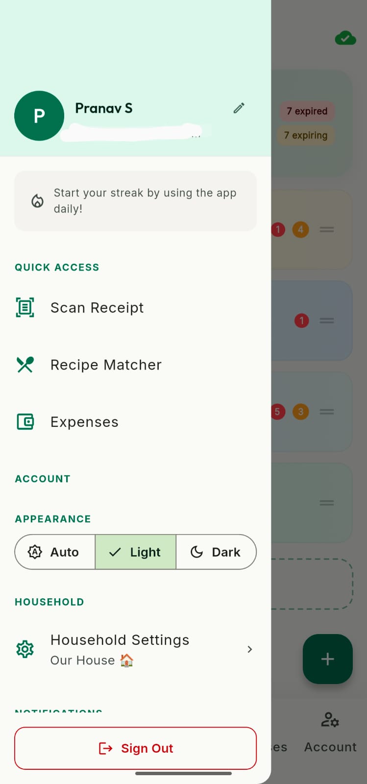 Pantry Watcher App - Navigation sidebar showing quick access shortcuts and account settings
