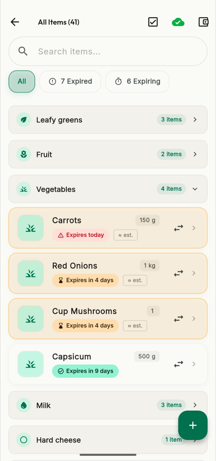 Pantry Watcher App - Detailed view of all pantry items with category breakdown and expiry tracking