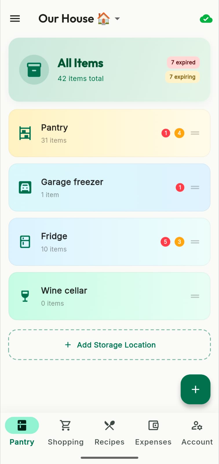 Pantry Watcher App - Main dashboard with pantry, freezer, fridge, and wine cellar storage locations