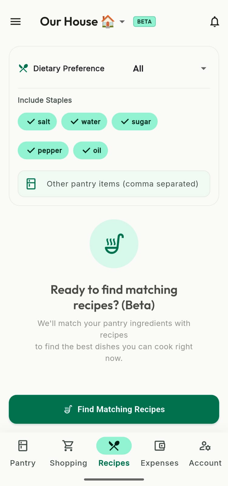 Pantry Watcher App - Recipe Matcher view with dietary preferences and staple ingredients selection